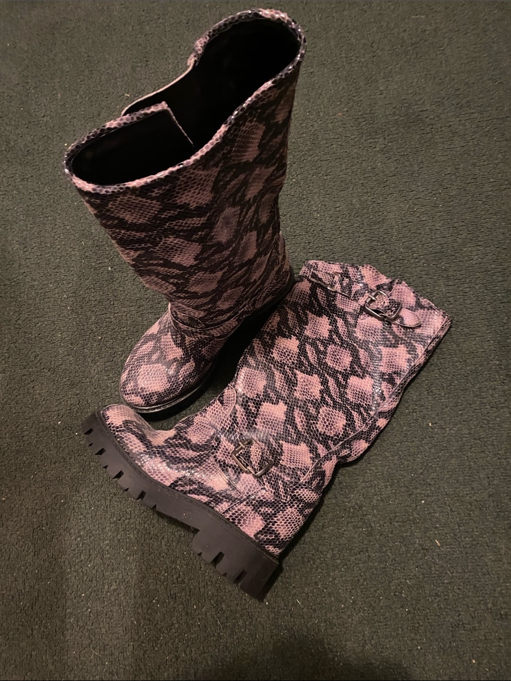 Women’s Pink Snake-Print Lug Sole Mid-Calf Boots